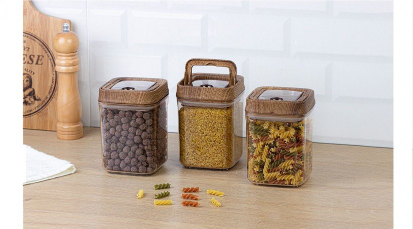 Vacuum Square Storage Jar Wooden 3 Pcs