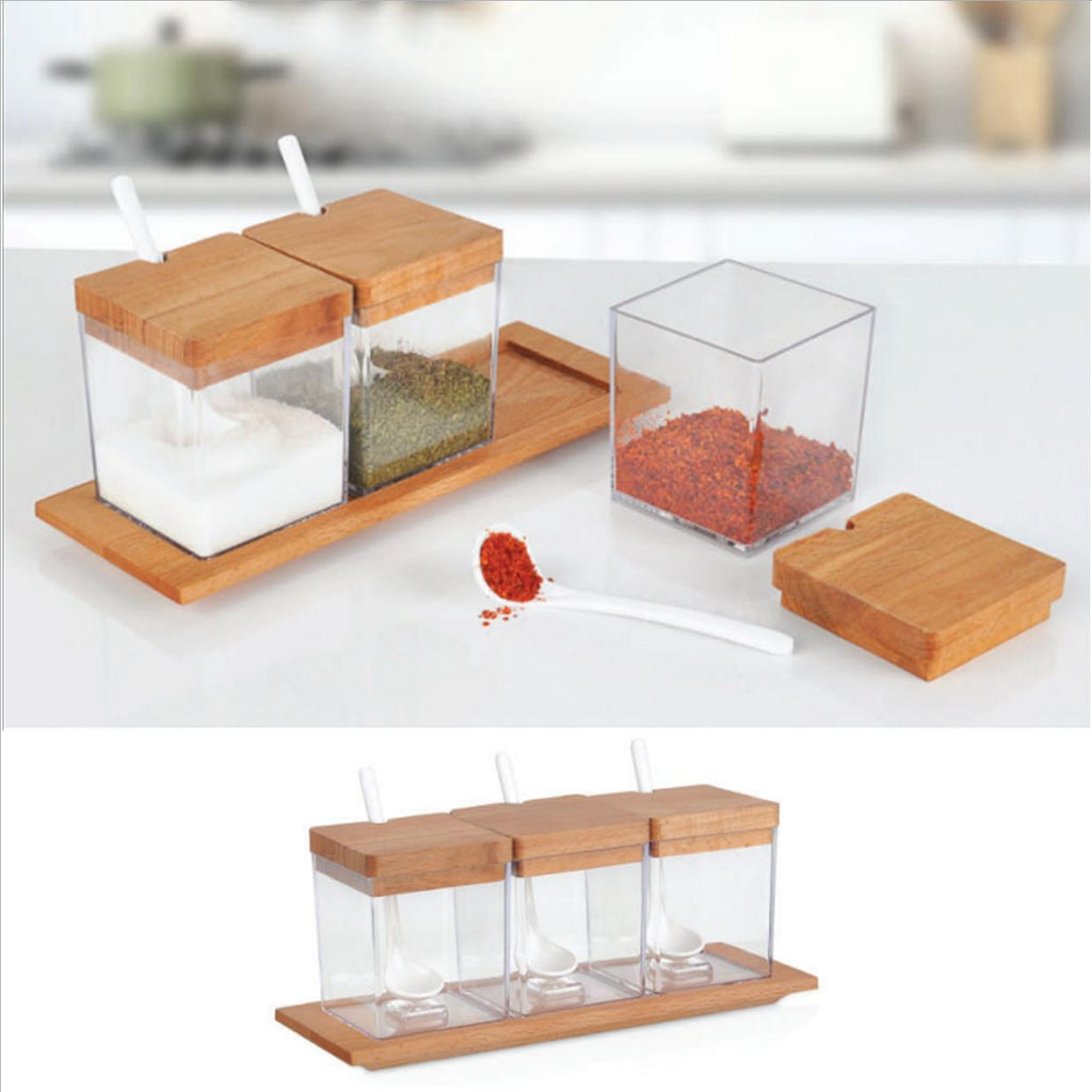 Acrylic Spices set of 3 pieces with wooden cover and Acrylic spoons