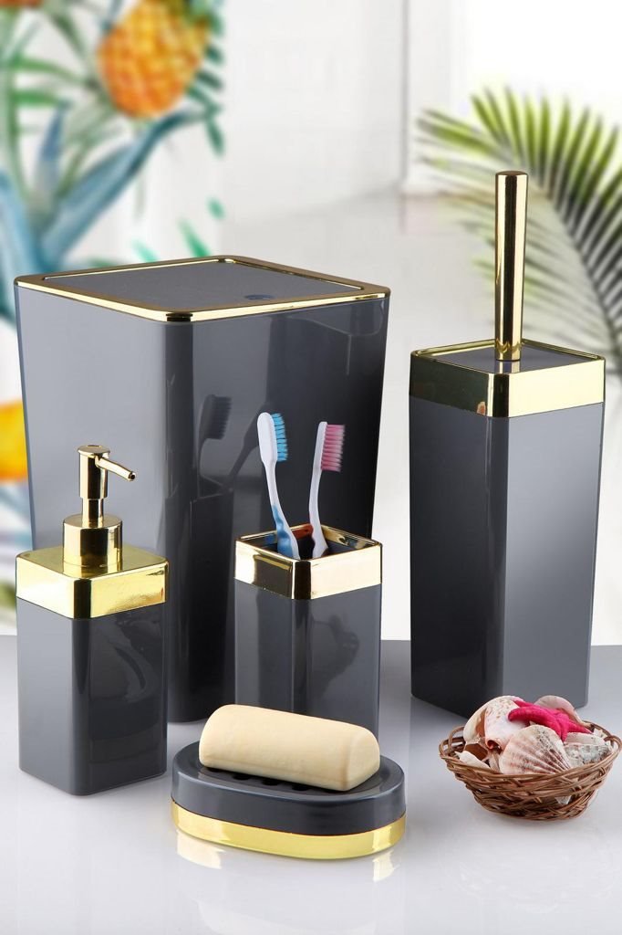 Bathroom set 5 pieces grey with a gold frame