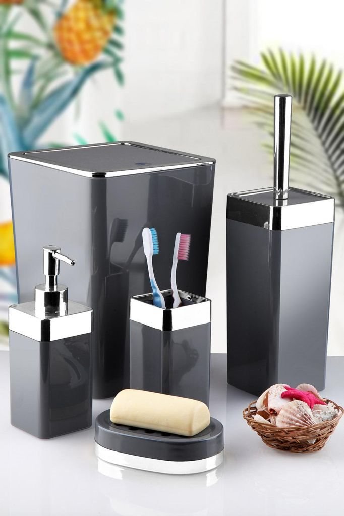 Bathroom set 5 pieces grey with a silver frame