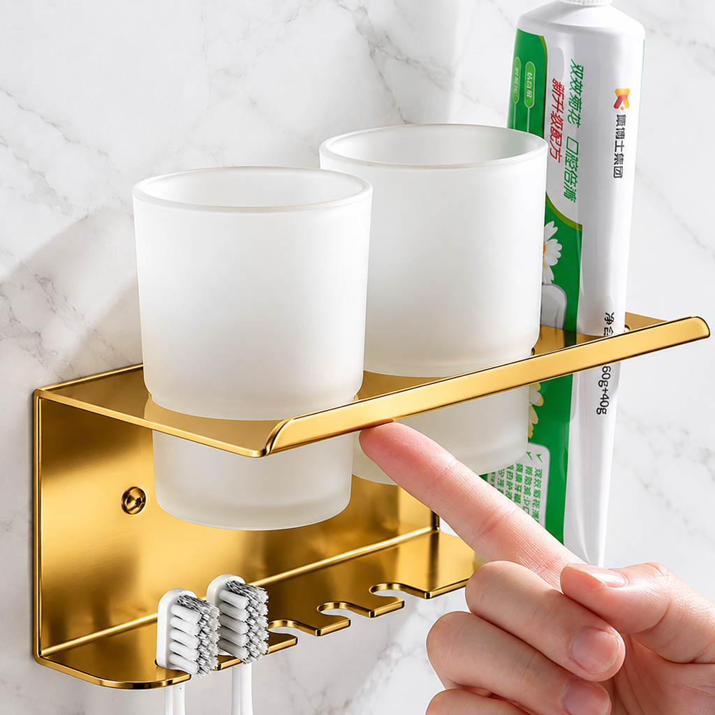 Toothbrush & Toothpaste Holder with Tumbler Stainless 304 double (Gold)