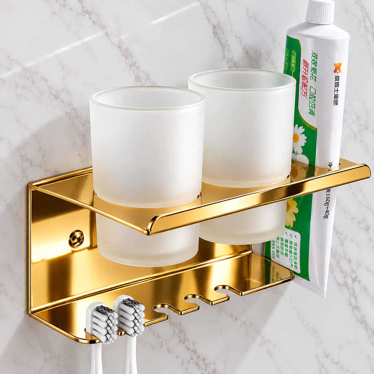 Toothbrush & Toothpaste Holder with Tumbler Stainless 304 double (Gold)