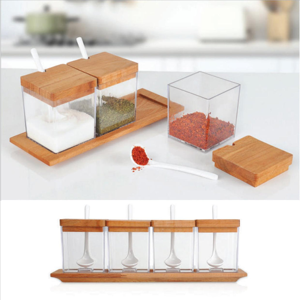 Acrylic Spices set of 4 pieces with wooden cover and Acrylic spoons