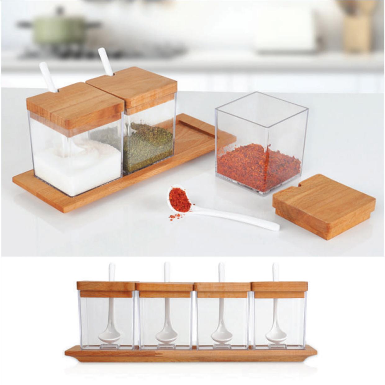 Acrylic Spices set of 4 pieces with wooden cover and Acrylic spoons