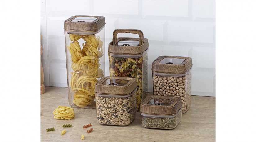 Vacuum Square Storage Jar Wooden 5 Pcs