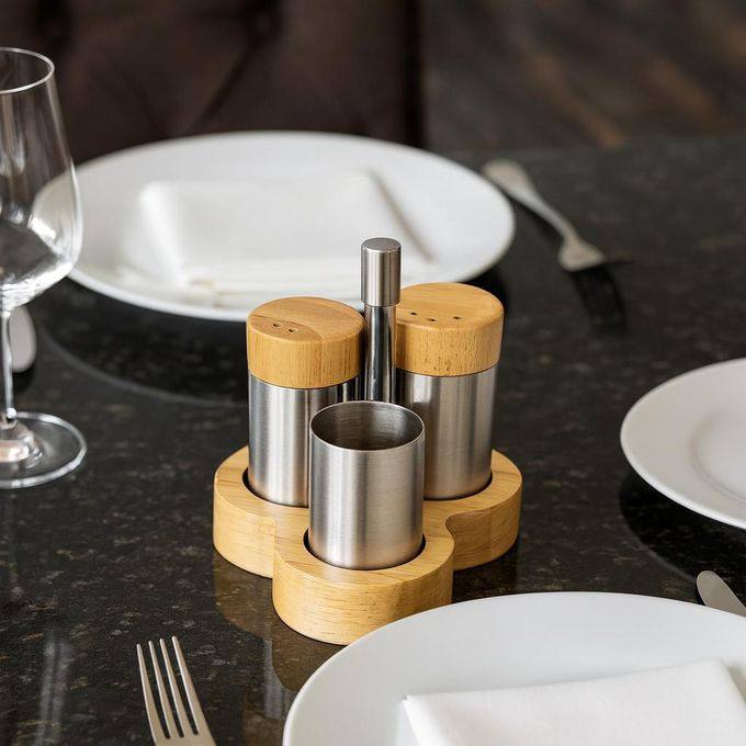 Salt Shaker Set with Wooden Base