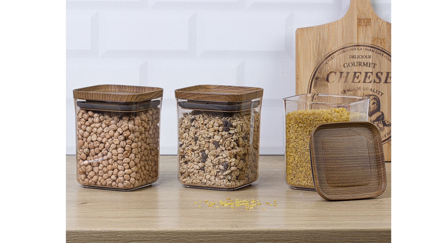 Practical Square Storage Jar Set 3 pcs Wooden (900 ML)