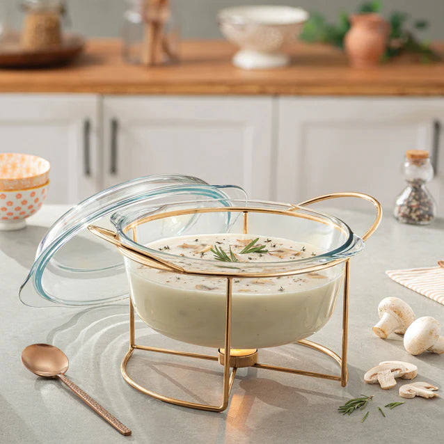 Borcam Round Casserole with Cover & Gold Candle Warmer Stand - 27x23.9cm