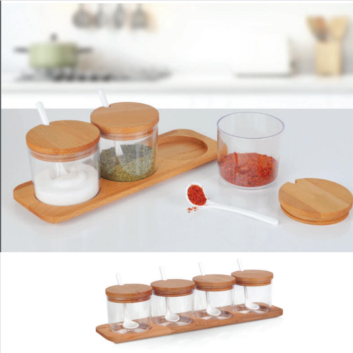 4  spices jar with wooden holder Acrylic spoon condiment jars