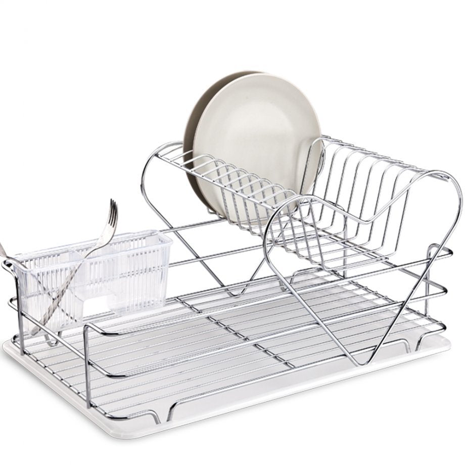 Dish Drainer Two Tiers with Cutlery and Tray / Chrome