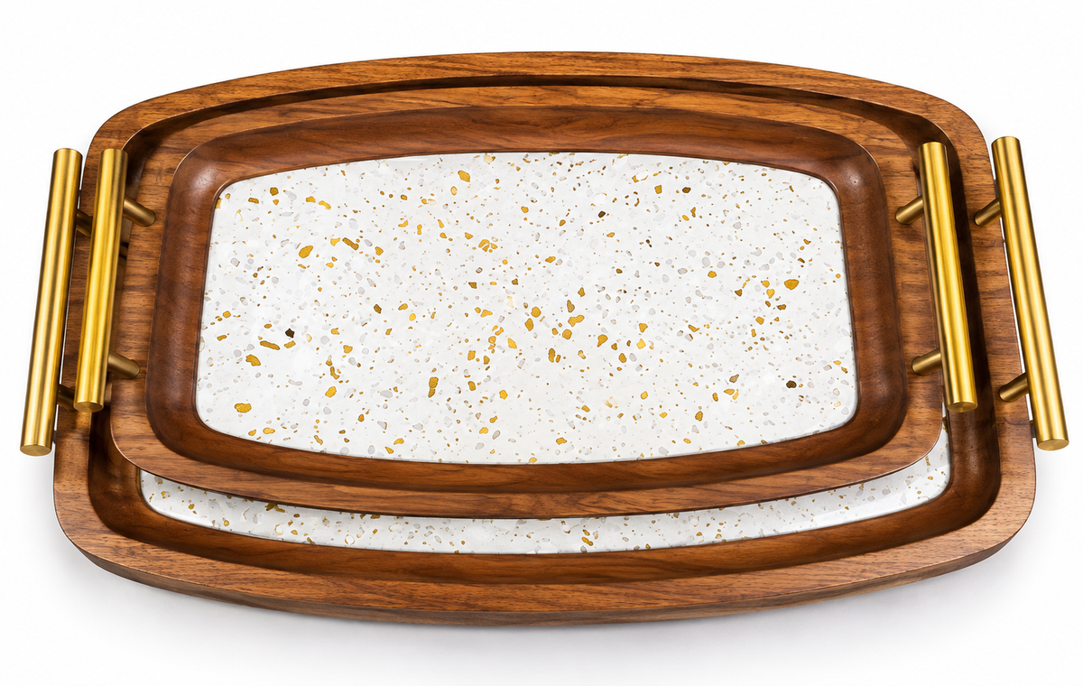 Set of 2 Wooden Trays with Metal Handles and Marble Base