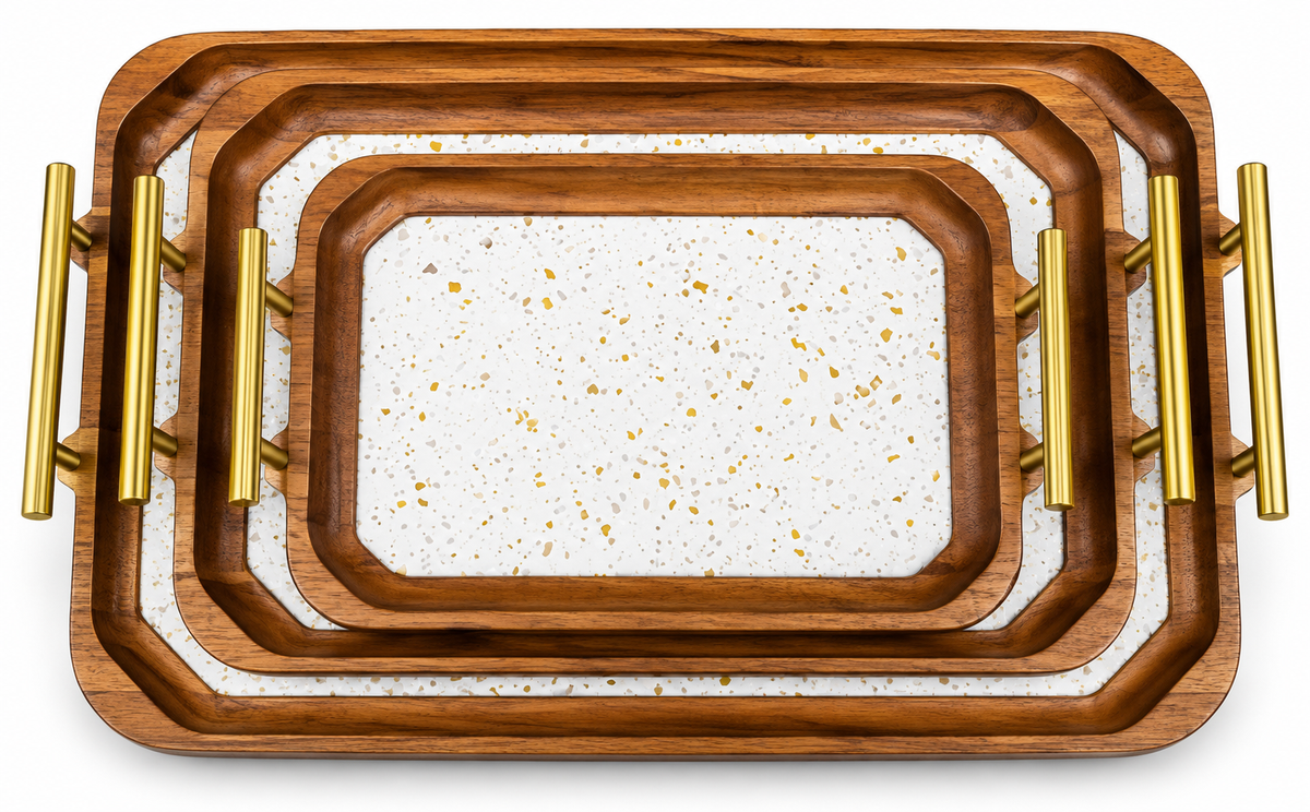 Set of 3 Wooden Trays with Metal Handles and Marble Base