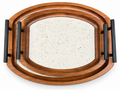 Set of 2 Wooden Trays with Metal Handles and Travertine Base