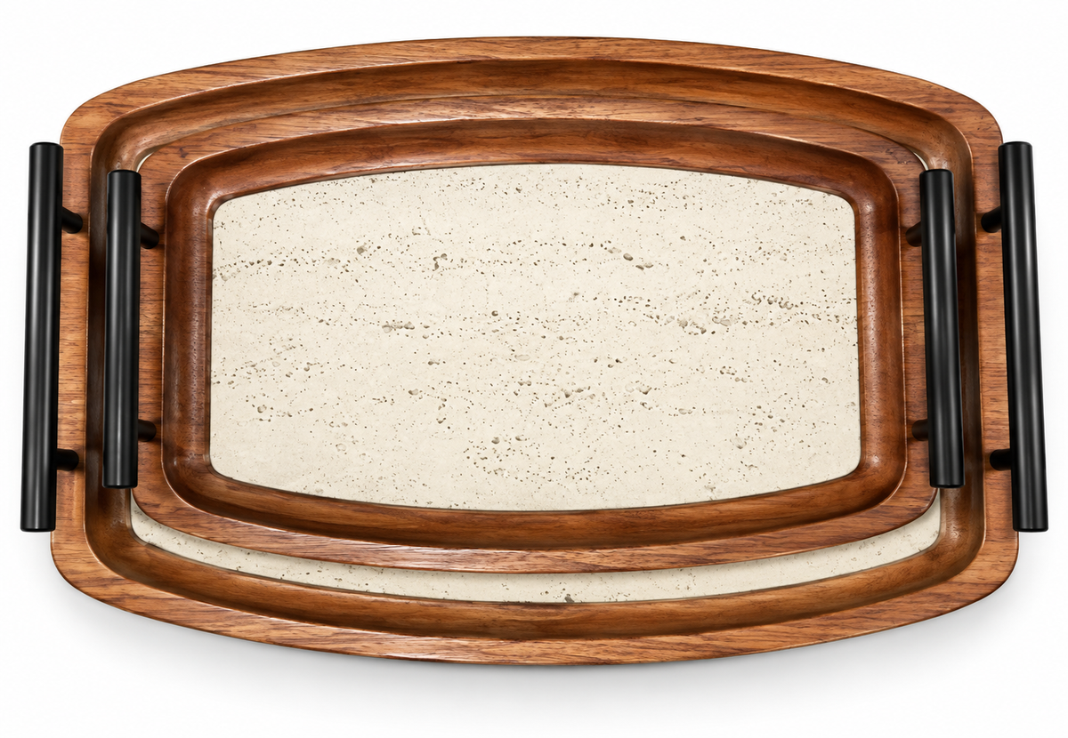 Set of 2 Wooden Trays with Metal Handles