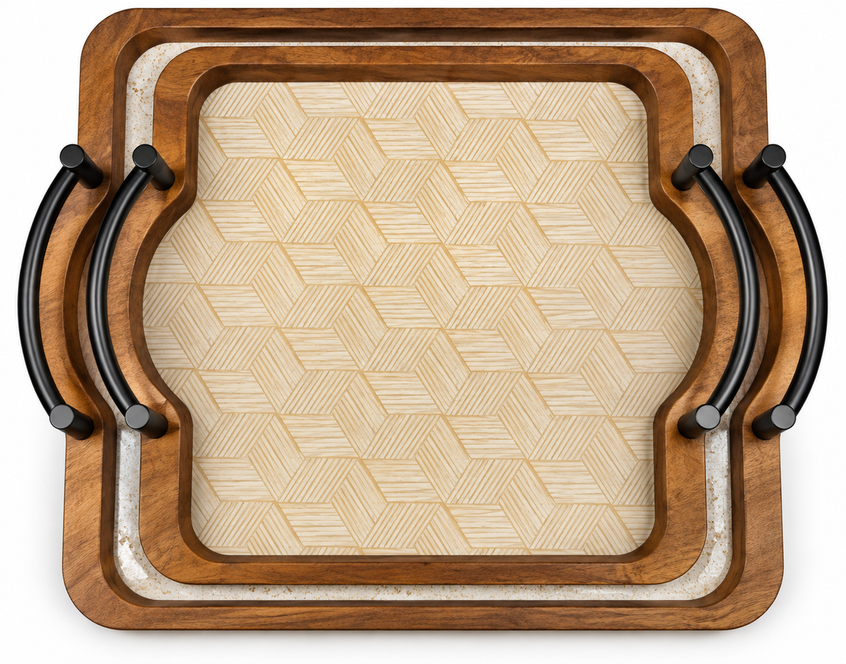 Set of 2 Wooden Trays with PVC Base and Metal Handles