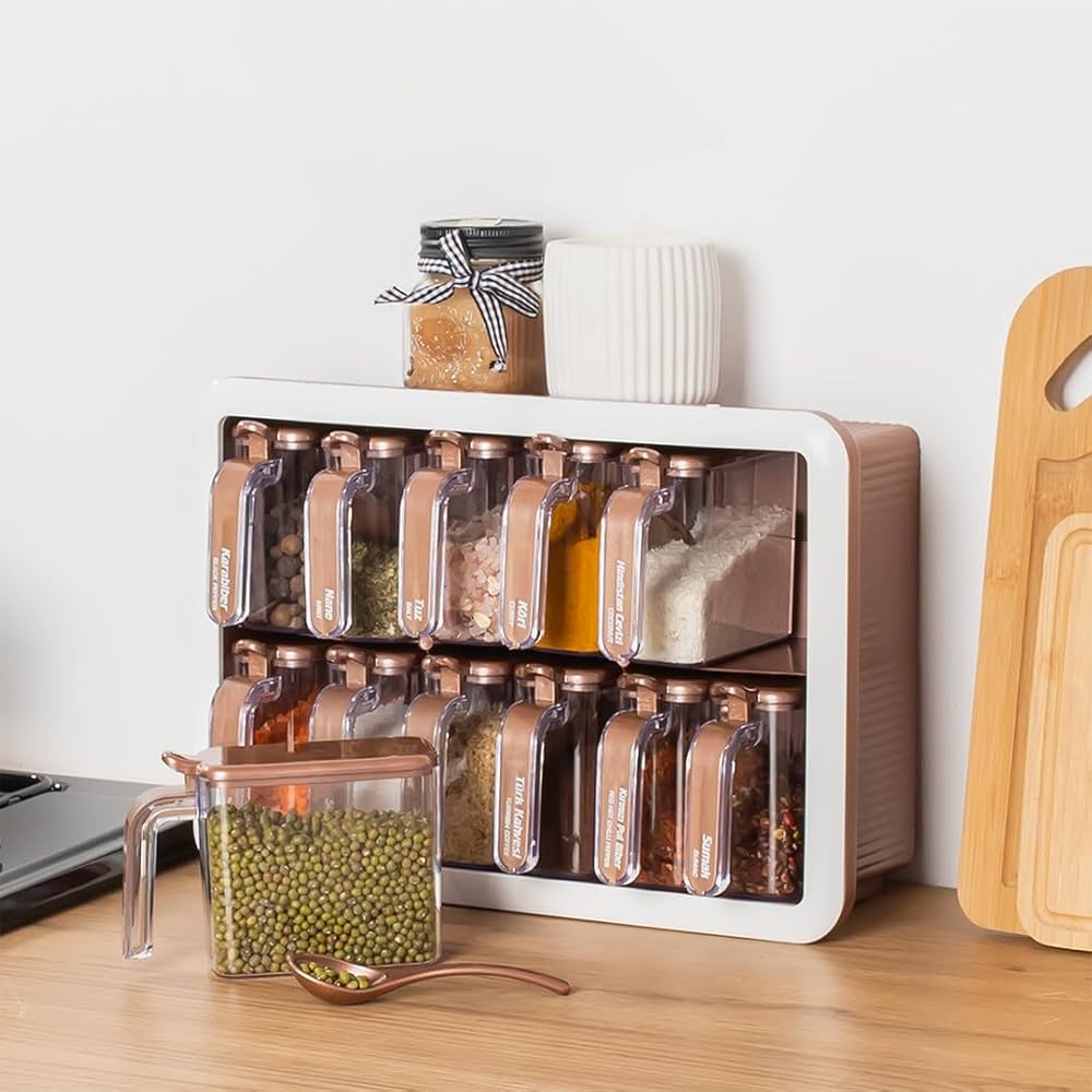 Spice Jar with Holder, 12 Pieces, Brown