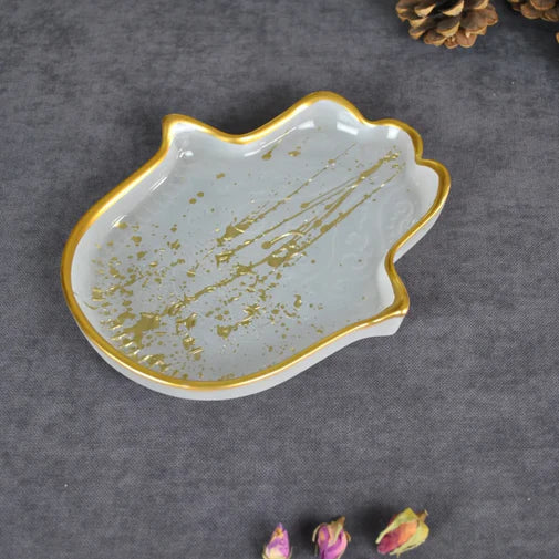 ArdaCam Hamsa Trinket Tray - White & Metallic, 21*17 cm