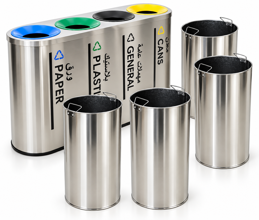 Airport Metal Oval Color Code 4 Compartment Stainless Steel Dustbin Waste Trash Indoor Recycle Bin