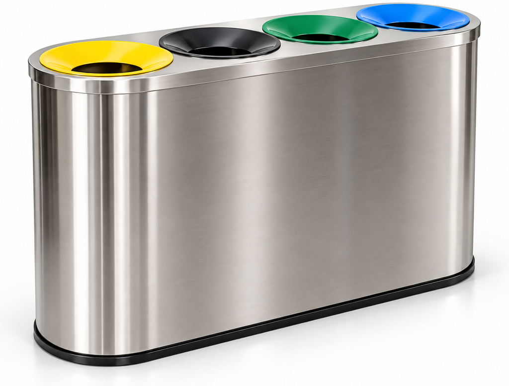 Airport Metal Oval Color Code 4 Compartment Stainless Steel Dustbin Waste Trash Indoor Recycle Bin