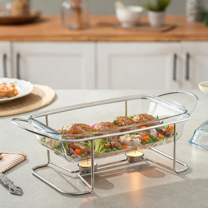 Borcam Rectangular Casserole with Cover & Candle Warmer Stand - 33.9x19cm