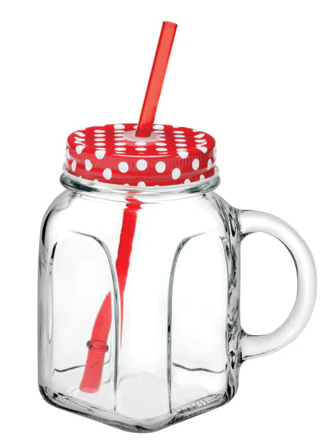 Pasabahce Homemade Jar Mug with Red Lid and Straw Color:Red