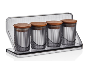 Anisia 4-piece acrylic ribbed spice set with wooden lid and stand (4*100 ml) W69STR