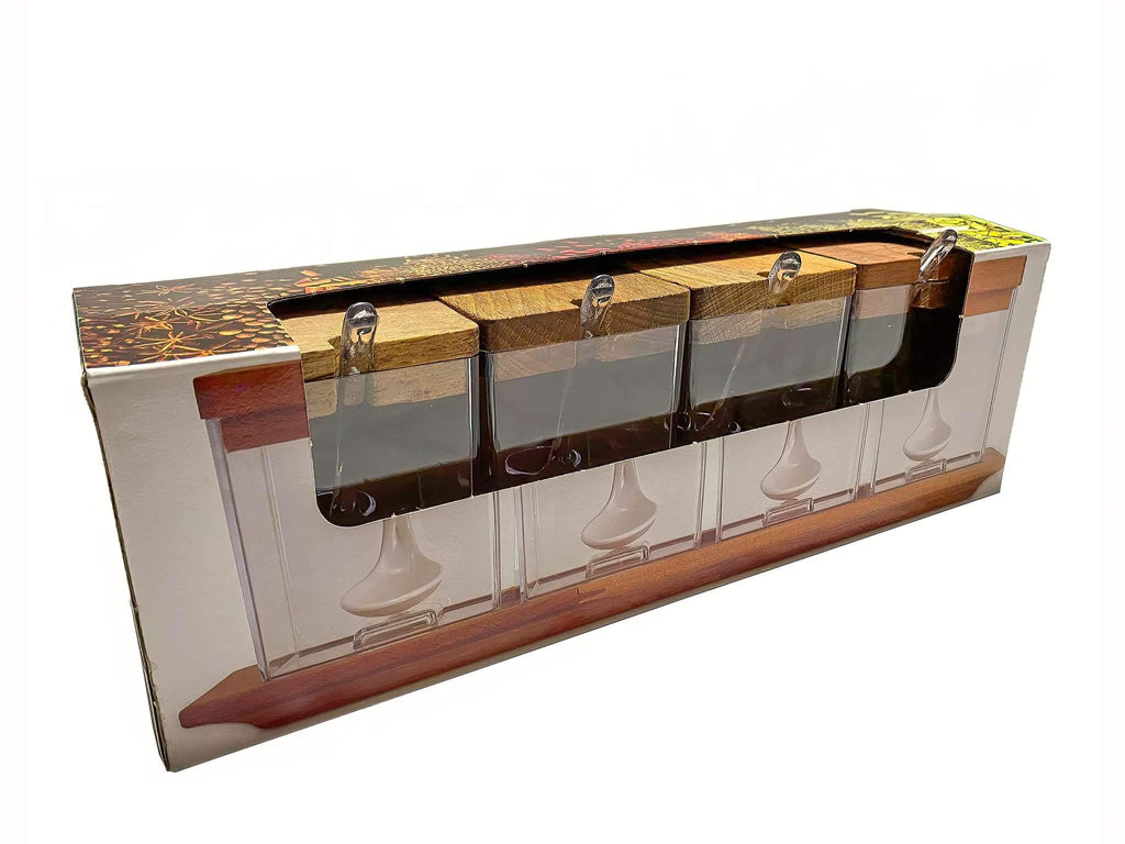 Acrylic Spices set of 4 pieces with wooden cover and Acrylic spoons