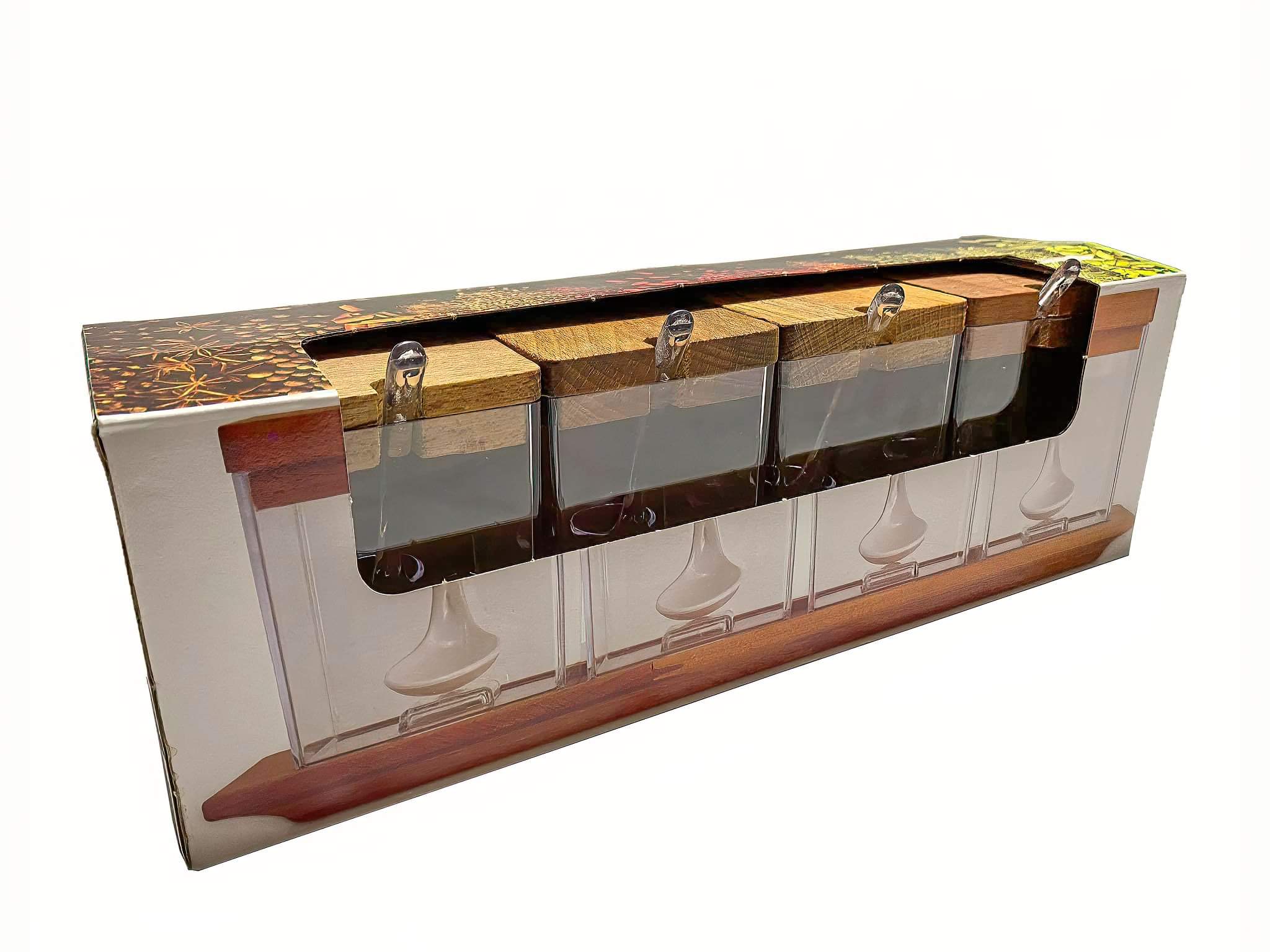 Acrylic Spices set of 4 pieces with wooden cover and Acrylic spoons