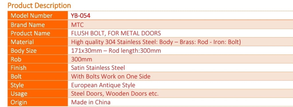 Brass flush bolt with rod steel doors