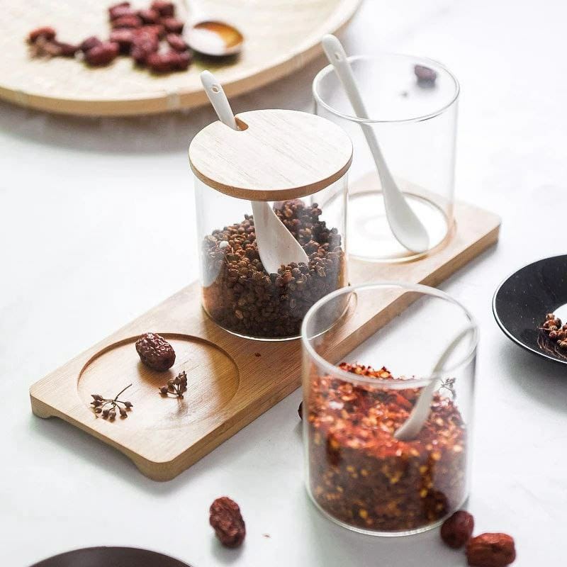 3  spices jar with wooden holder Acrylic spoon condiment jars