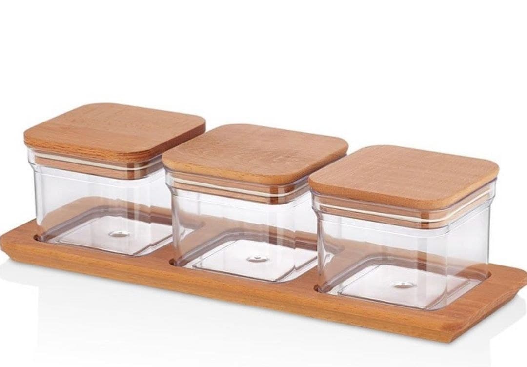 Acrylic Spices set of 3 pieces with wooden cover and Acrylic spoons
