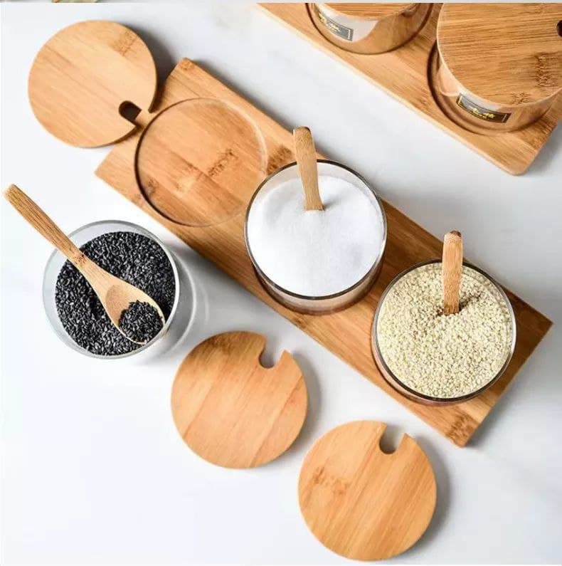 4  spices jar with wooden holder Acrylic spoon condiment jars
