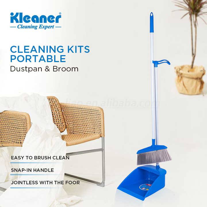 Cleaner brush and dustpan with long handle, 83 cm, blue plastic - GSC005