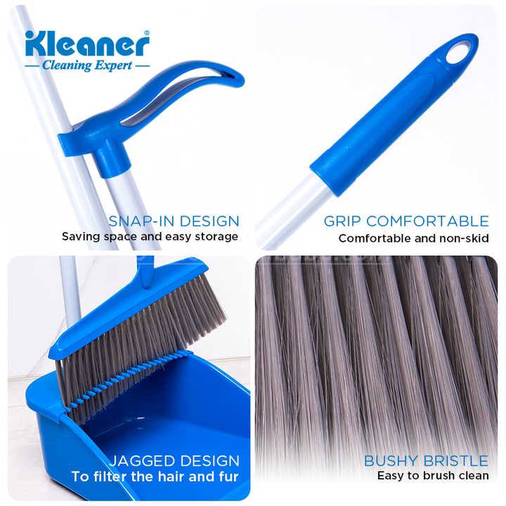 Cleaner brush and dustpan with long handle, 83 cm, blue plastic - GSC005
