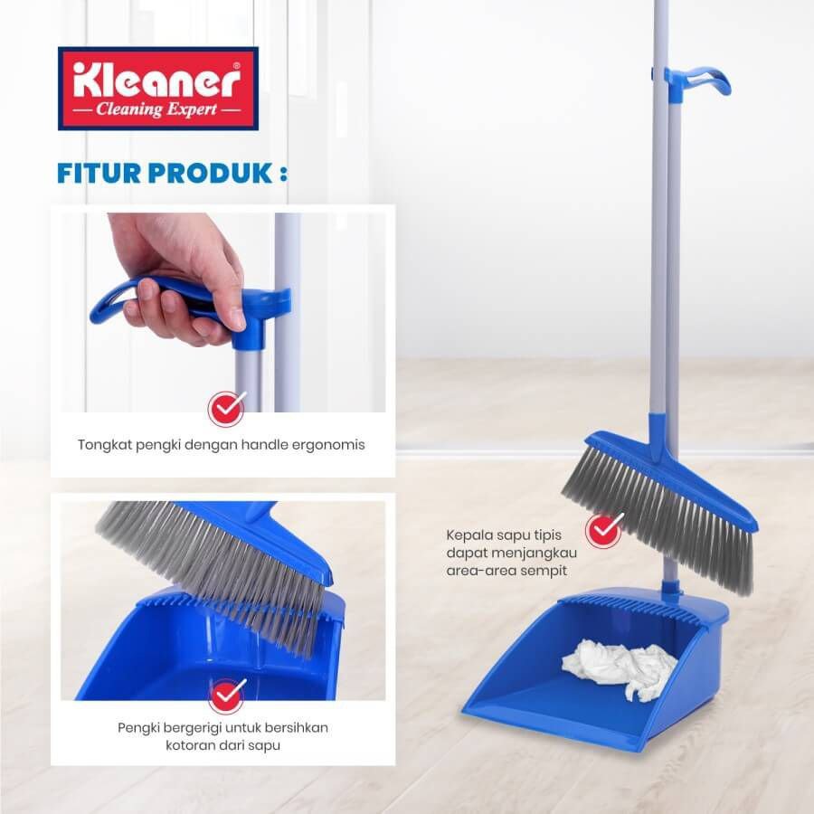 Cleaner brush and dustpan with long handle, 83 cm, blue plastic - GSC005