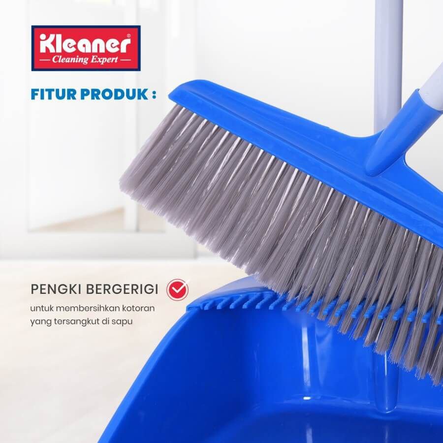 Cleaner brush and dustpan with long handle, 83 cm, blue plastic - GSC005