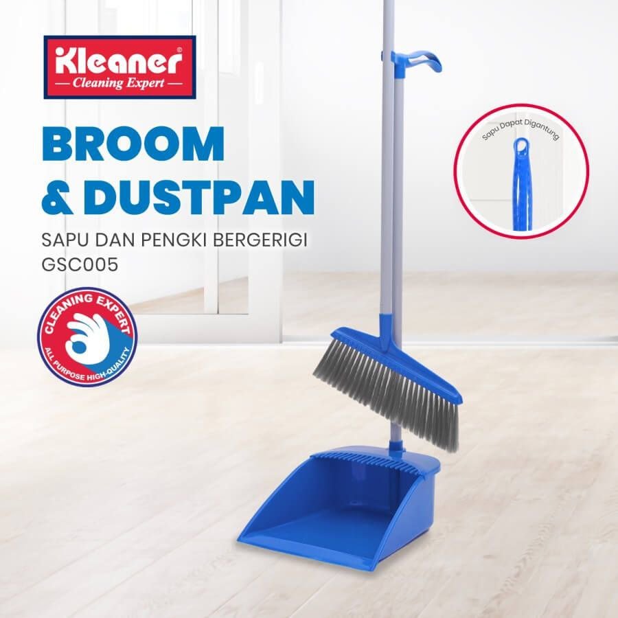 Cleaner brush and dustpan with long handle, 83 cm, blue plastic - GSC005