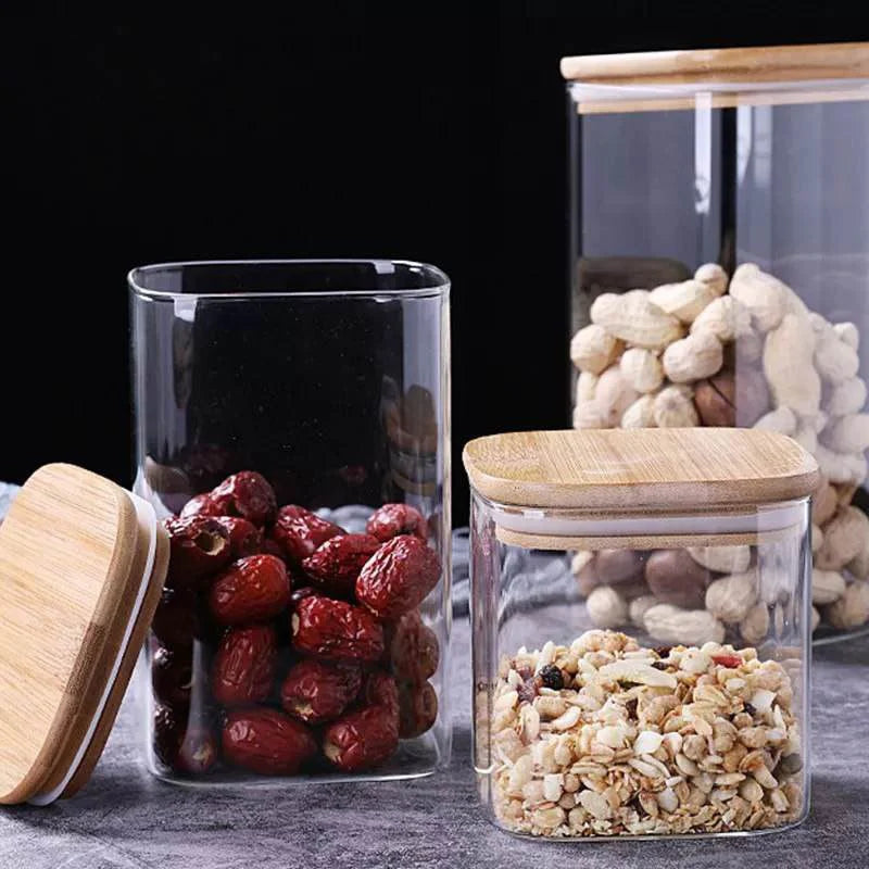 Spices and legumes jar set  Glass box with bamboo lid